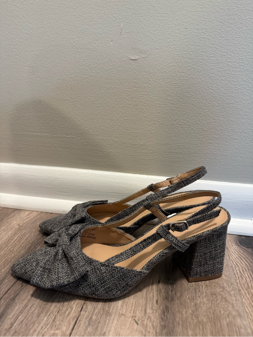 Journee Collection Gray Tweed Slingback Block Heels with Bow